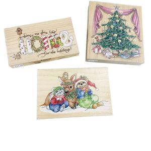 Stamps Happen Inc Lot of 3 Christmas Rubber Stamp Victorian, Snow Animals, Home